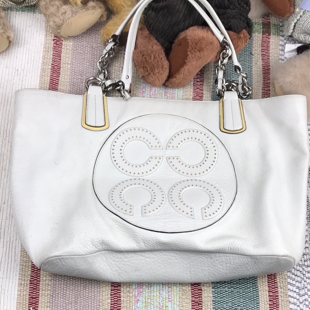 White Leather Tote Bag with Studded Logo Accent